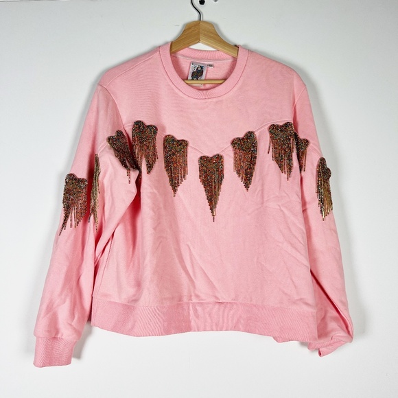 Queen Of Sparkles Crystal Jewel Rhinestone Fringe Heart Embellished Sweatshirt - Picture 1 of 4